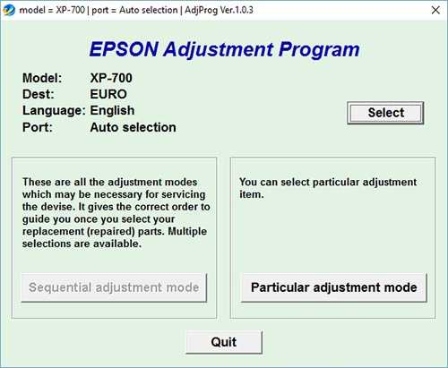 Programa de reinicio de la Epson XP-700